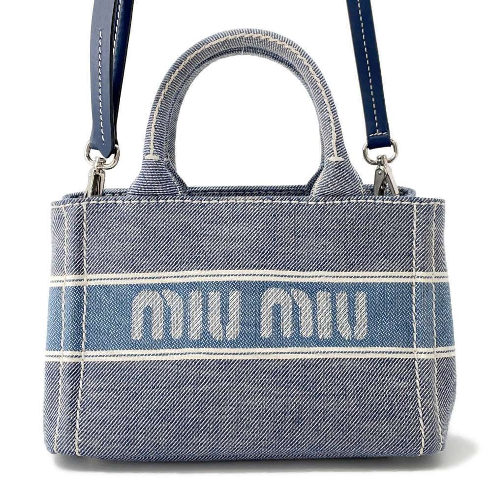 Miu Miu Tote Bag Jacquard Logo Denim Hand Shoulder White
